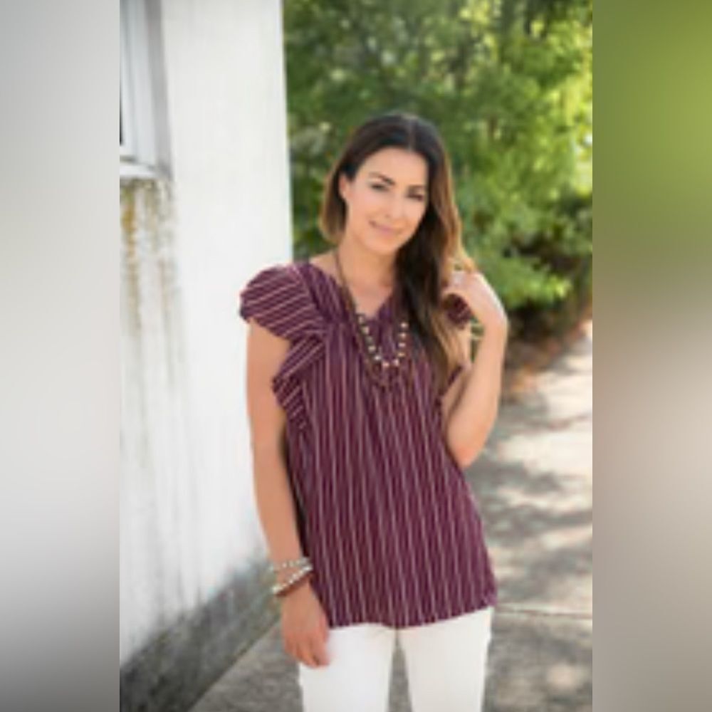 Rue 21 burgandy & white striped short ruffle sleeve criss cross vneck blouse